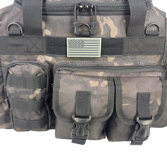 Shadow Gear Traverse 18 duffel bag in Black ACU camo, front pockets and flag patch detail