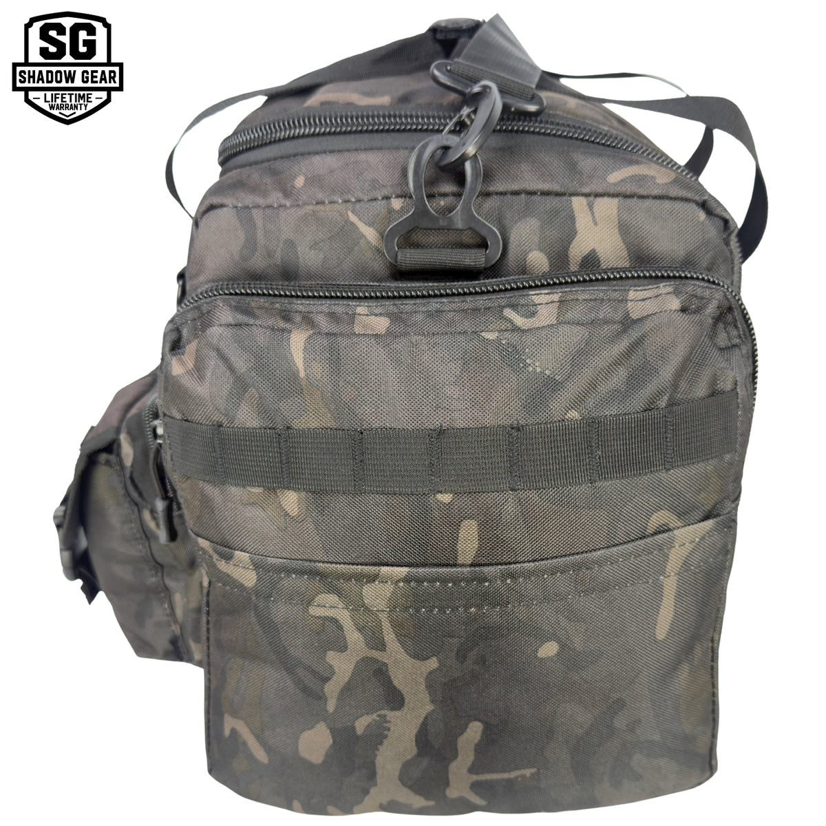 Shadow Gear Traverse 18 42L duffel bag in Black ACU camo, left side view with zippered side pocket