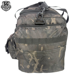 Shadow Gear Traverse 18 42L duffel bag in Black ACU camo, left side view with zippered side pocket