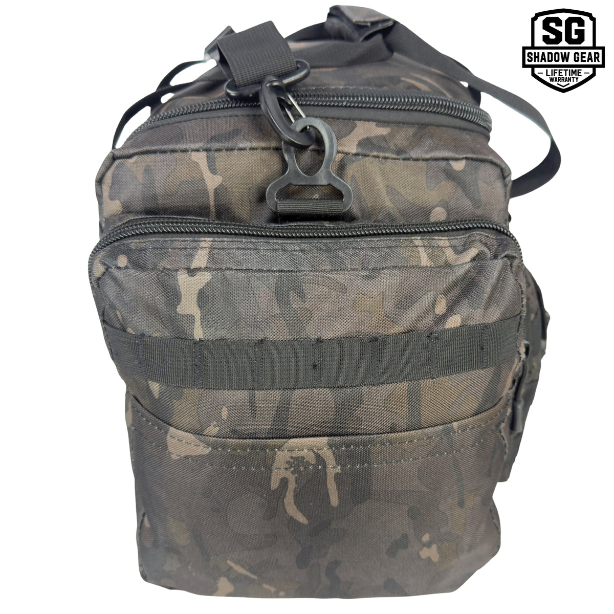 Shadow Gear Traverse 18 42L duffel bag in Black ACU camo, right side view with zippered side pocket