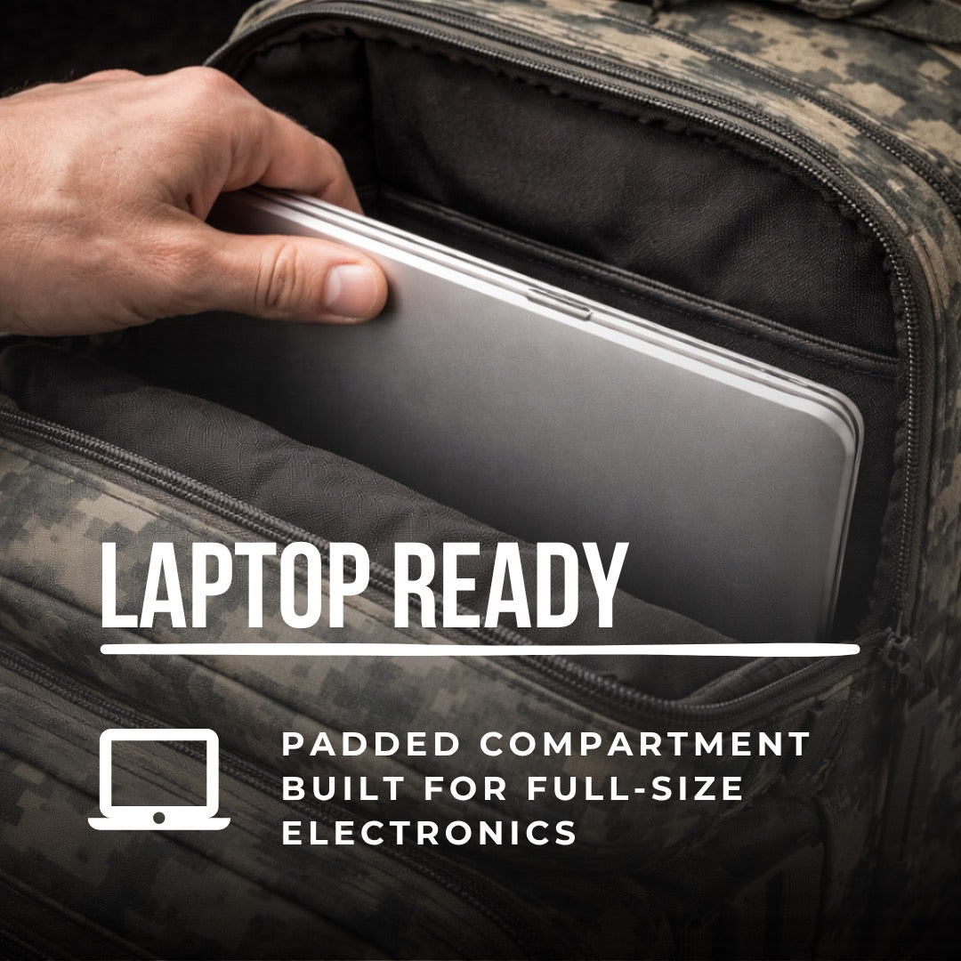 Hand placing a laptop into a camouflage backpack with text indicating a padded compartment for full-size electronics.