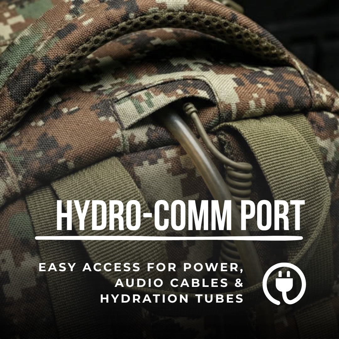 Camouflage backpack with hydro-comm port feature and text description.