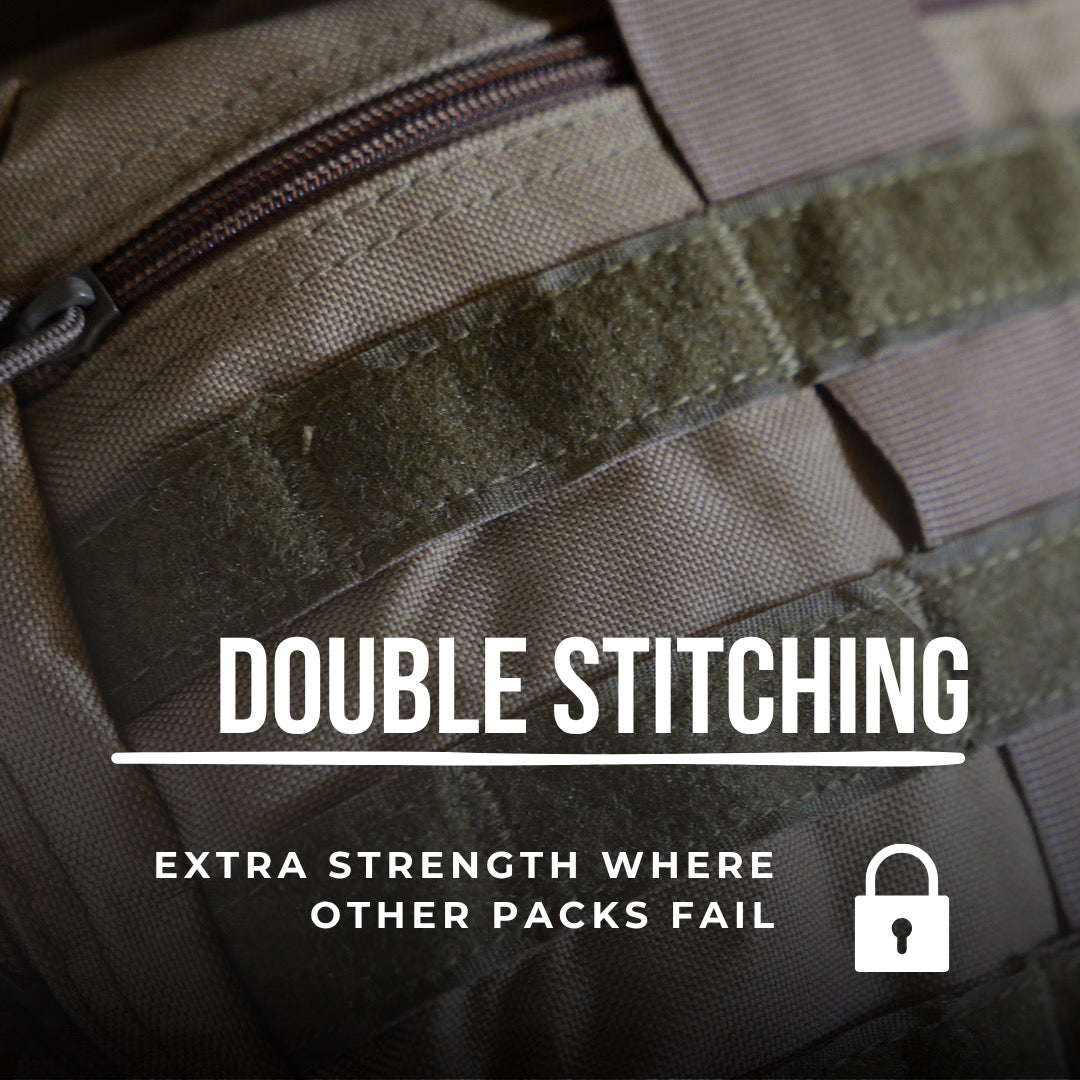 Close-up of a tactical backpack with double stitching highlighted, featuring text about extra strength.