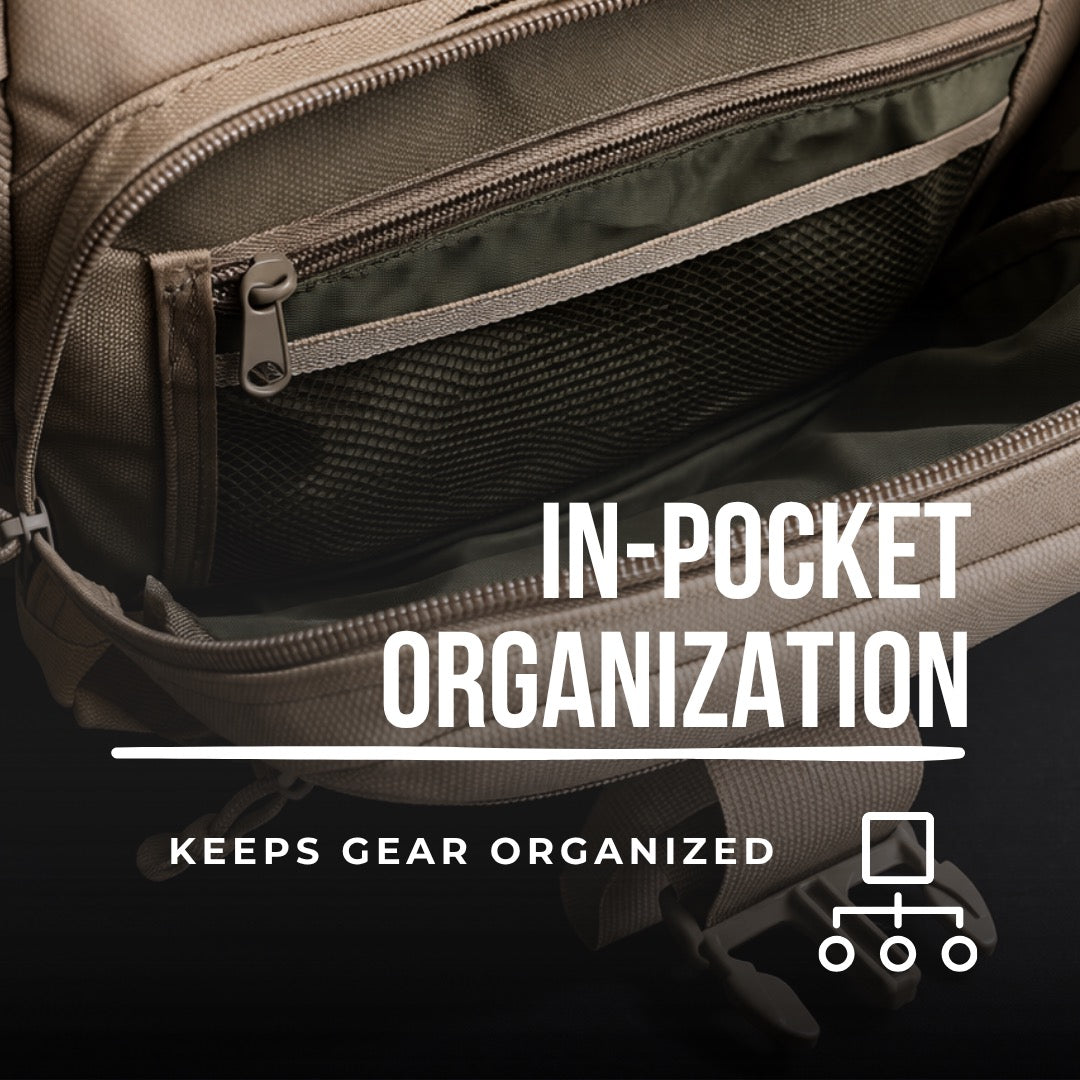 Backpack with open compartment showing organized gear, text 'In-pocket organization keeps gear organized'.