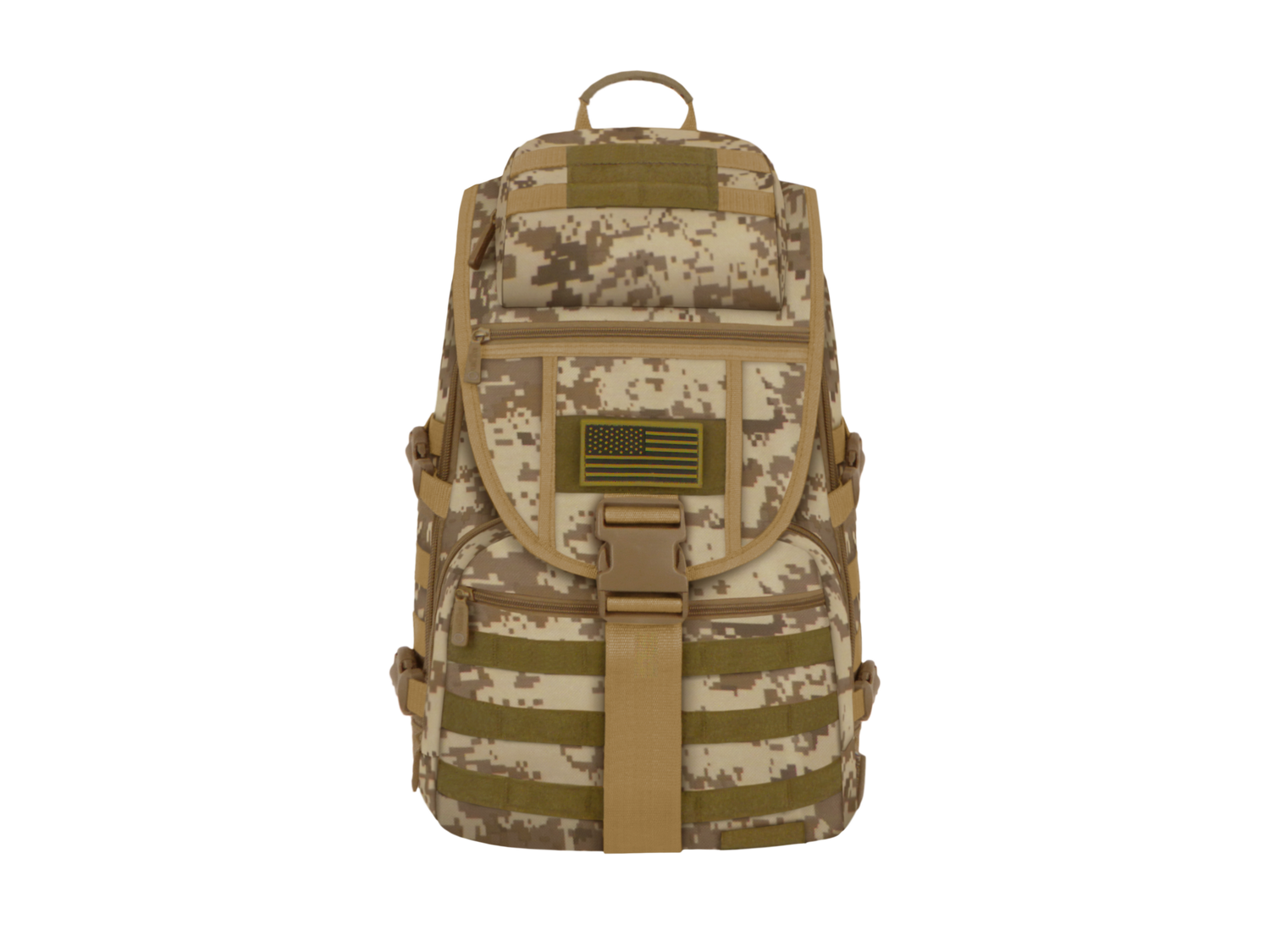 Camouflage backpack with American flag patch on a white background