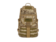 Camouflage backpack with American flag patch on a white background