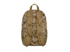 Camouflage backpack with brown straps on a white background