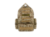 Camouflage backpack with multiple straps and patches on a white background