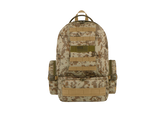 Camouflage backpack with multiple straps and patches on a white background