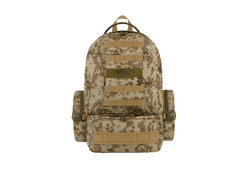 Camouflage backpack with multiple straps and patches on a white background