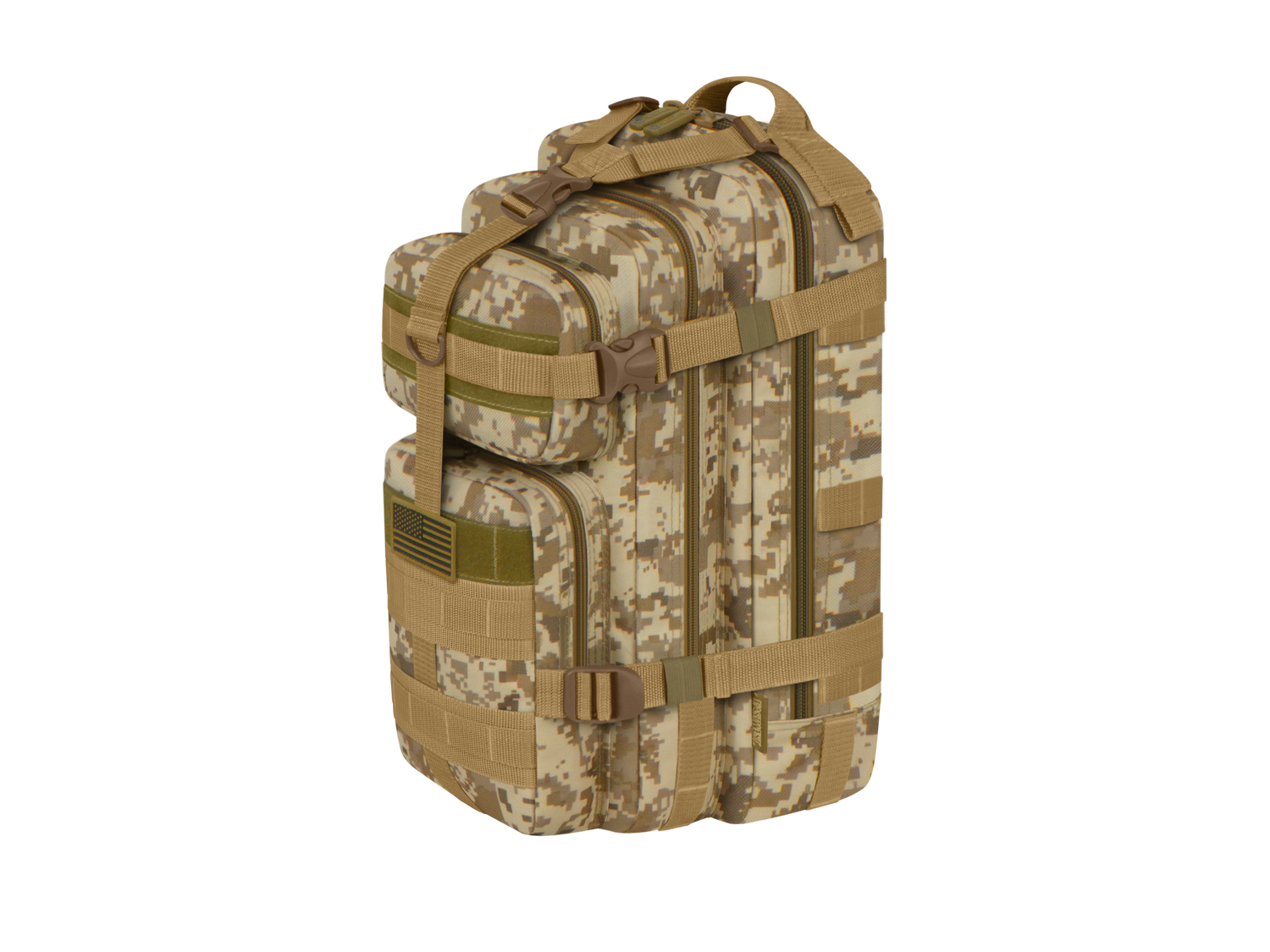 Camouflage backpack with multiple straps on a white background