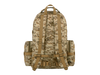 Camouflage backpack with brown straps on a white background