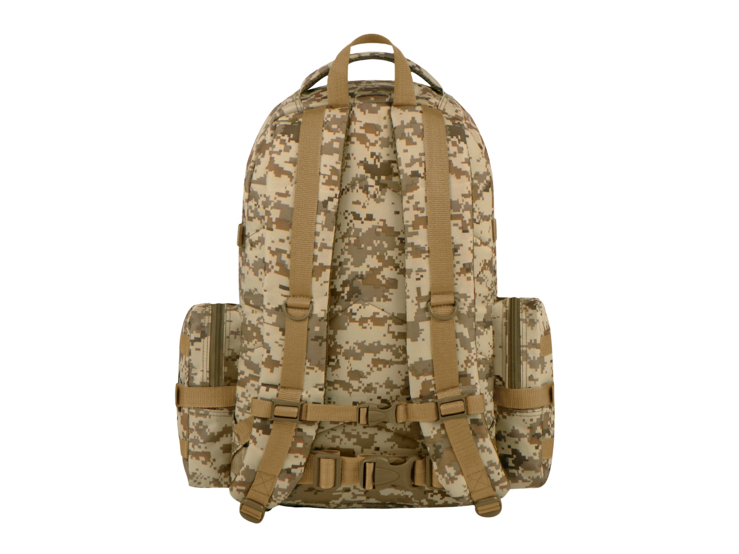 Camouflage backpack with brown straps on a white background