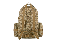Camouflage backpack with brown straps on a white background