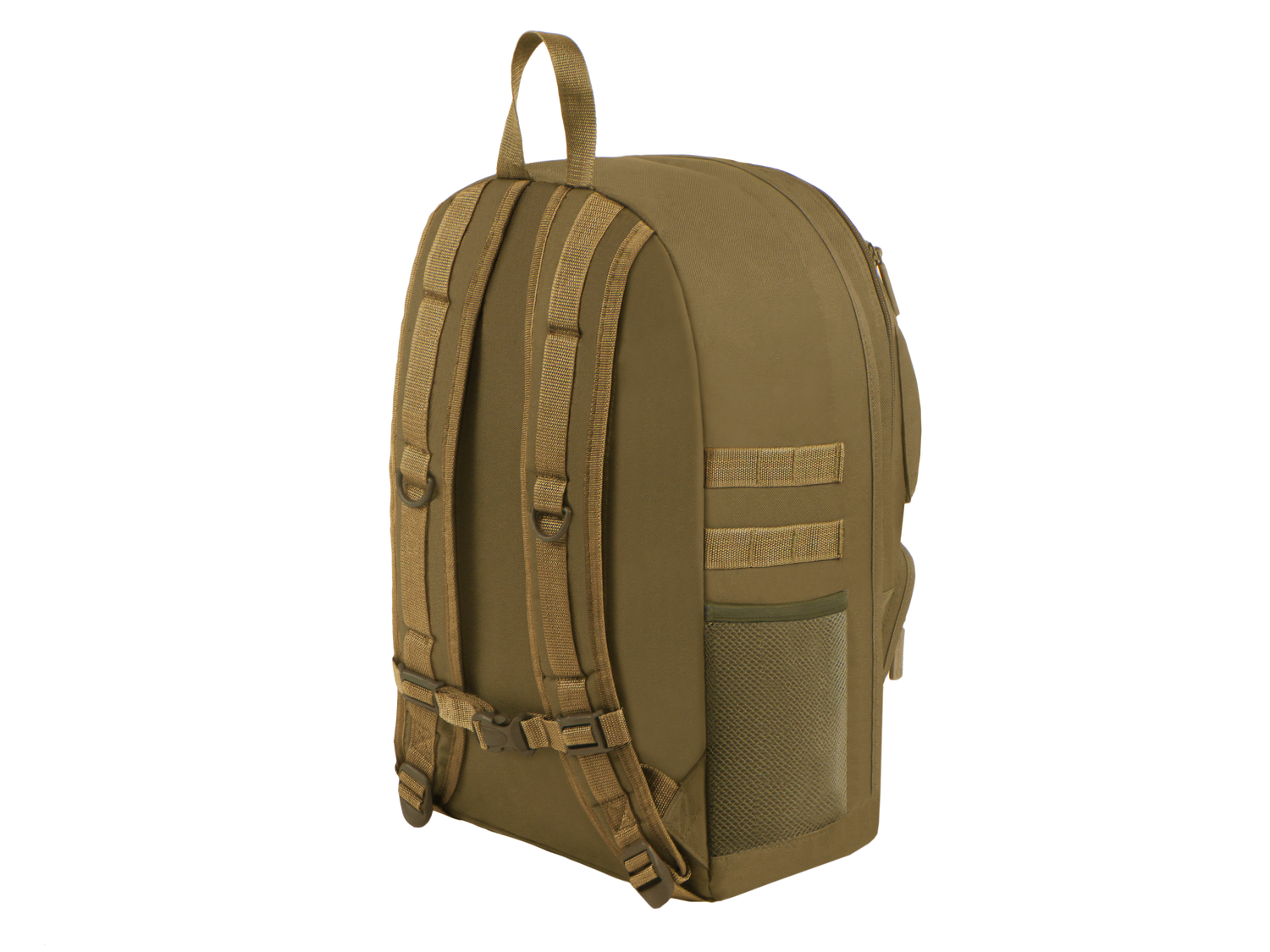 Brown backpack with multiple straps on a white background