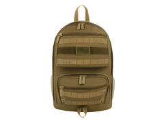 Tan backpack with multiple pockets and straps on a white background