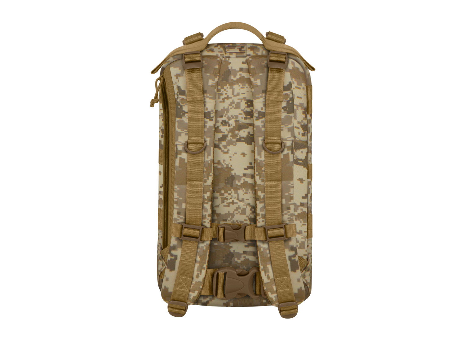 Camouflage backpack with brown straps on a white background