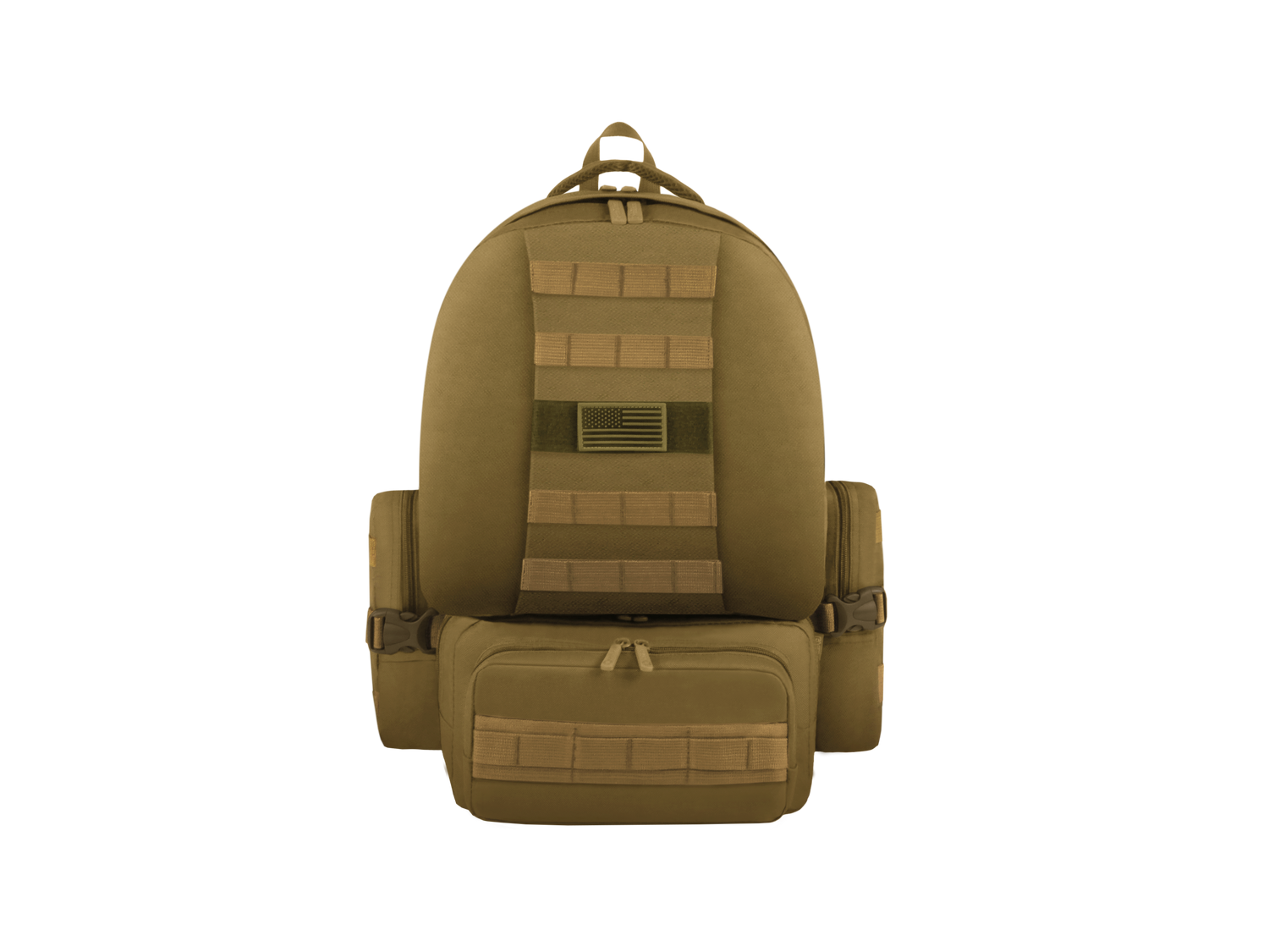 Olive green backpack with multiple pockets on a white background