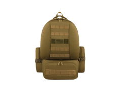 Olive green backpack with multiple pockets on a white background