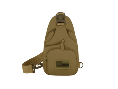Tan sling bag with American flag patch on a white background