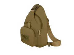 Tan sling bag on a white background