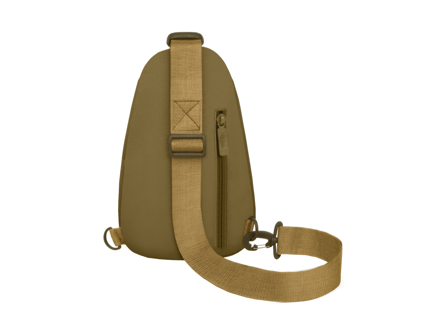 Tan shoulder bag with a strap on a white background
