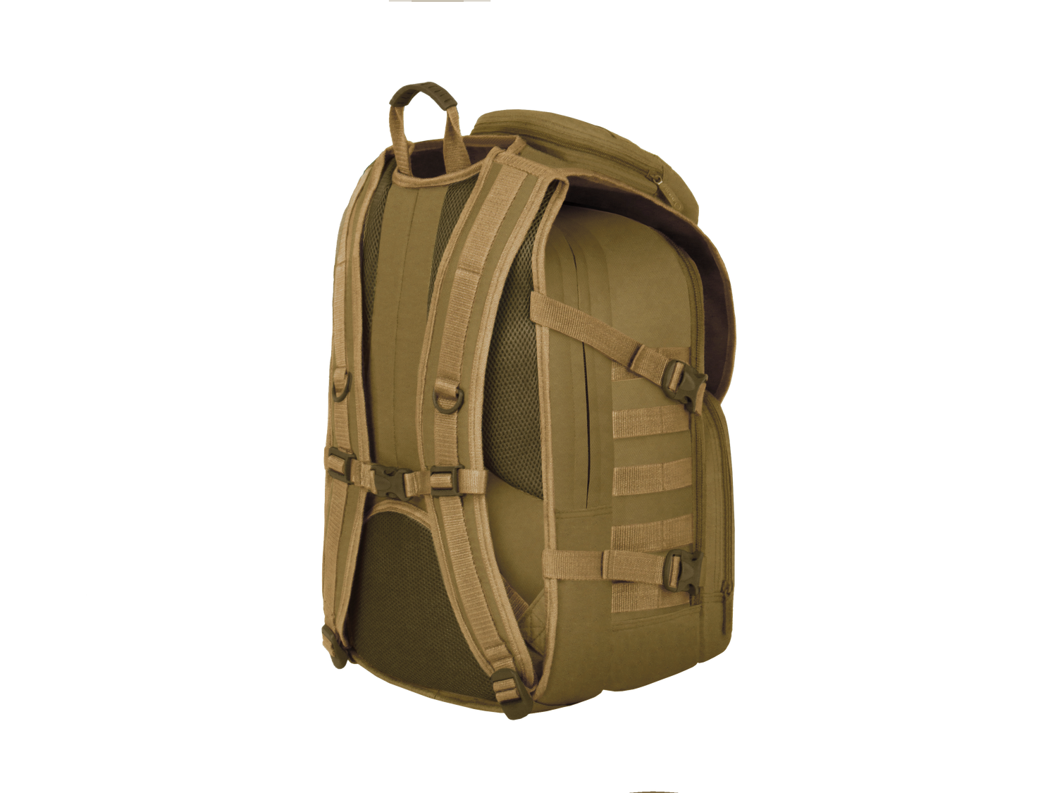 Brown tactical backpack on a white background