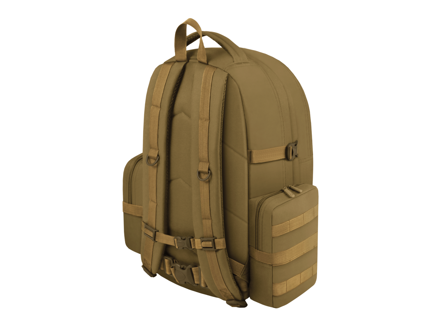 Tan backpack with multiple straps and compartments on a white background