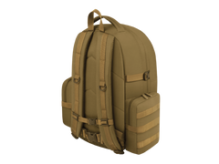 Tan backpack with multiple straps and compartments on a white background