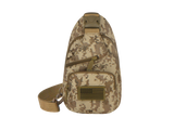 Camouflage sling bag with American flag patch on a white background