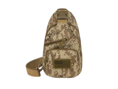 Camouflage sling bag with American flag patch on a white background