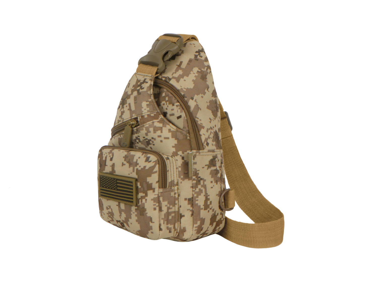 Camouflage sling bag with a flag patch on a white background