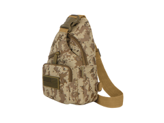 Camouflage sling bag with a flag patch on a white background