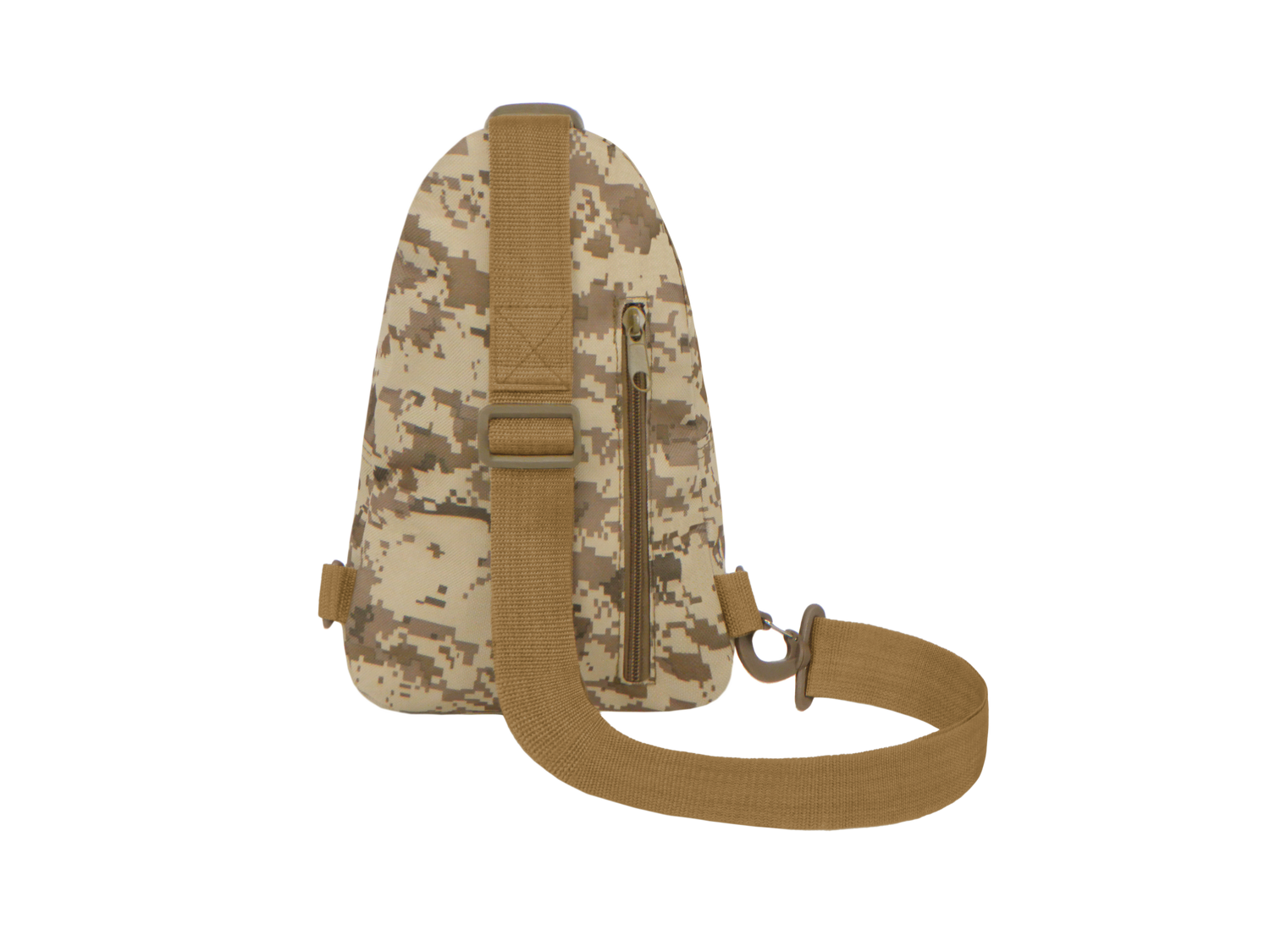 Camouflage sling bag with a brown strap on a white background