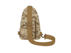 Camouflage sling bag with a brown strap on a white background