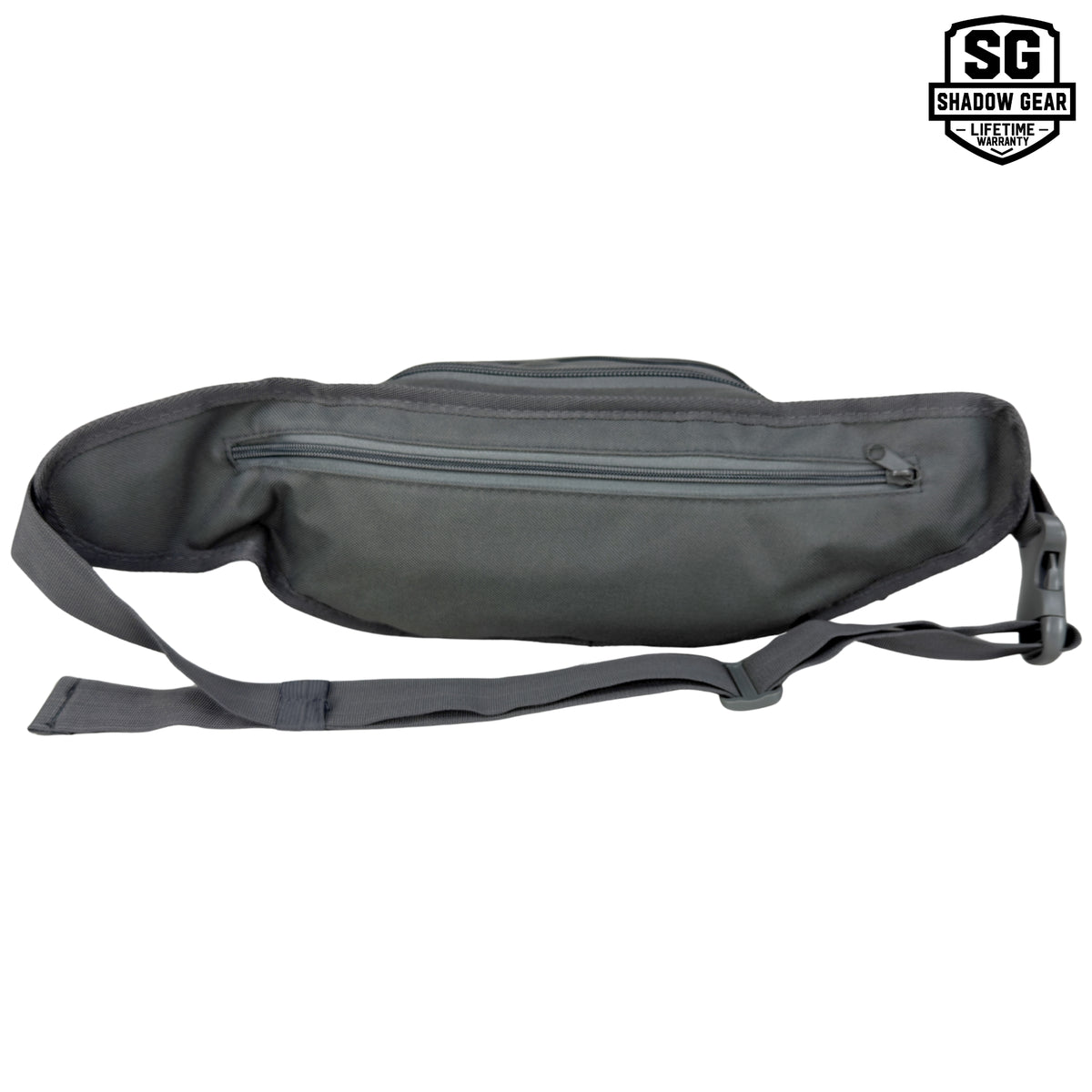 Shadow Gear Dash 4L tactical waist pack in Charcoal, back view showing the rear zippered pocket and adjustable strap