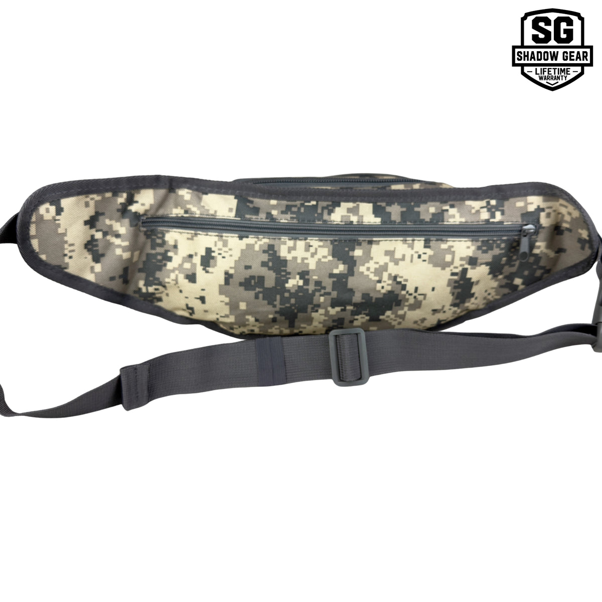 Shadow Gear Dash 4L tactical waist pack in ACU camo, back view showing the rear zippered pocket and adjustable strap