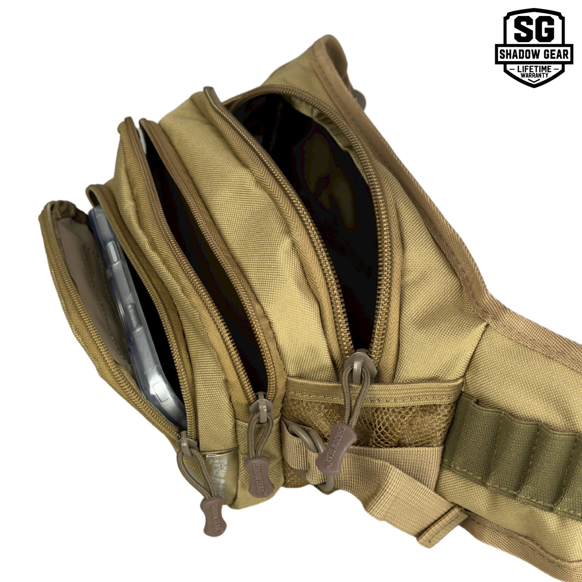 Shadow Gear Dash 4L tactical waist pack in Tan with all three zippered pockets open, phone in front pocket