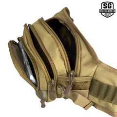 Shadow Gear Dash 4L tactical waist pack in Tan with all three zippered pockets open, phone in front pocket