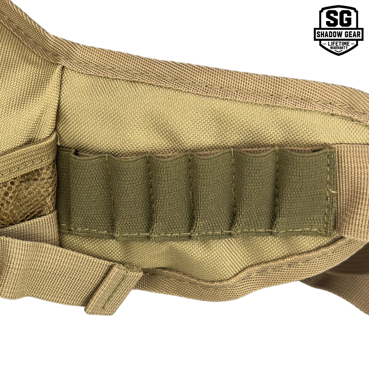 Close-up of the heavy-duty stitched battery slots on the left side of the Shadow Gear Dash waist pack in Tan