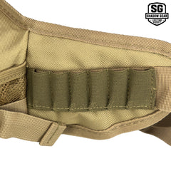 Close-up of the heavy-duty stitched battery slots on the left side of the Shadow Gear Dash waist pack in Tan