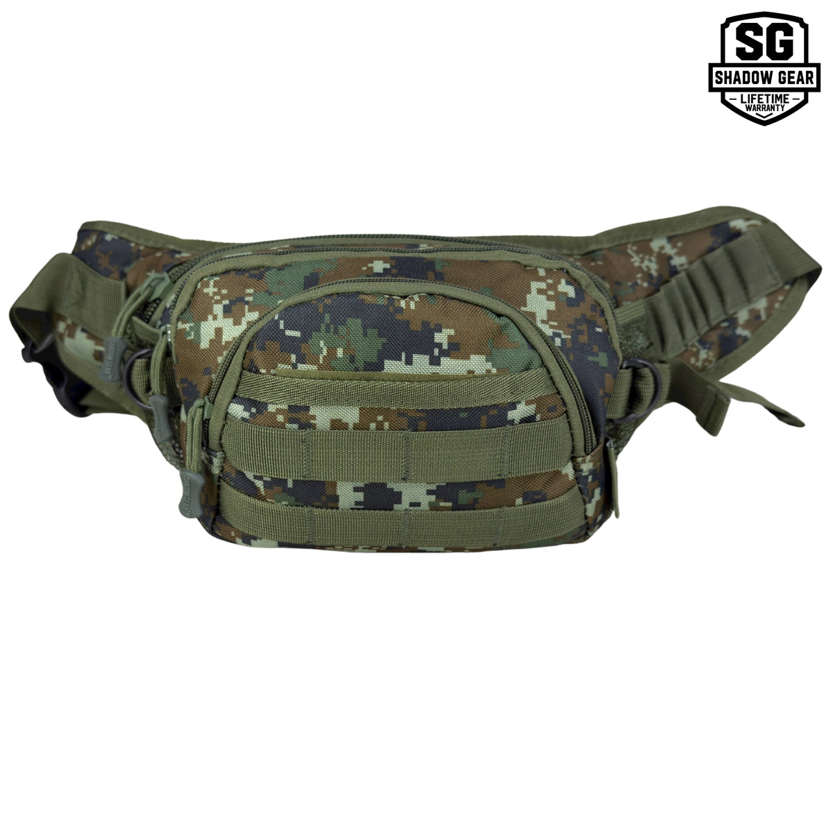 Shadow Gear Dash 4L tactical waist pack in Green ACU camo, front view with MOLLE webbing on the front pocket