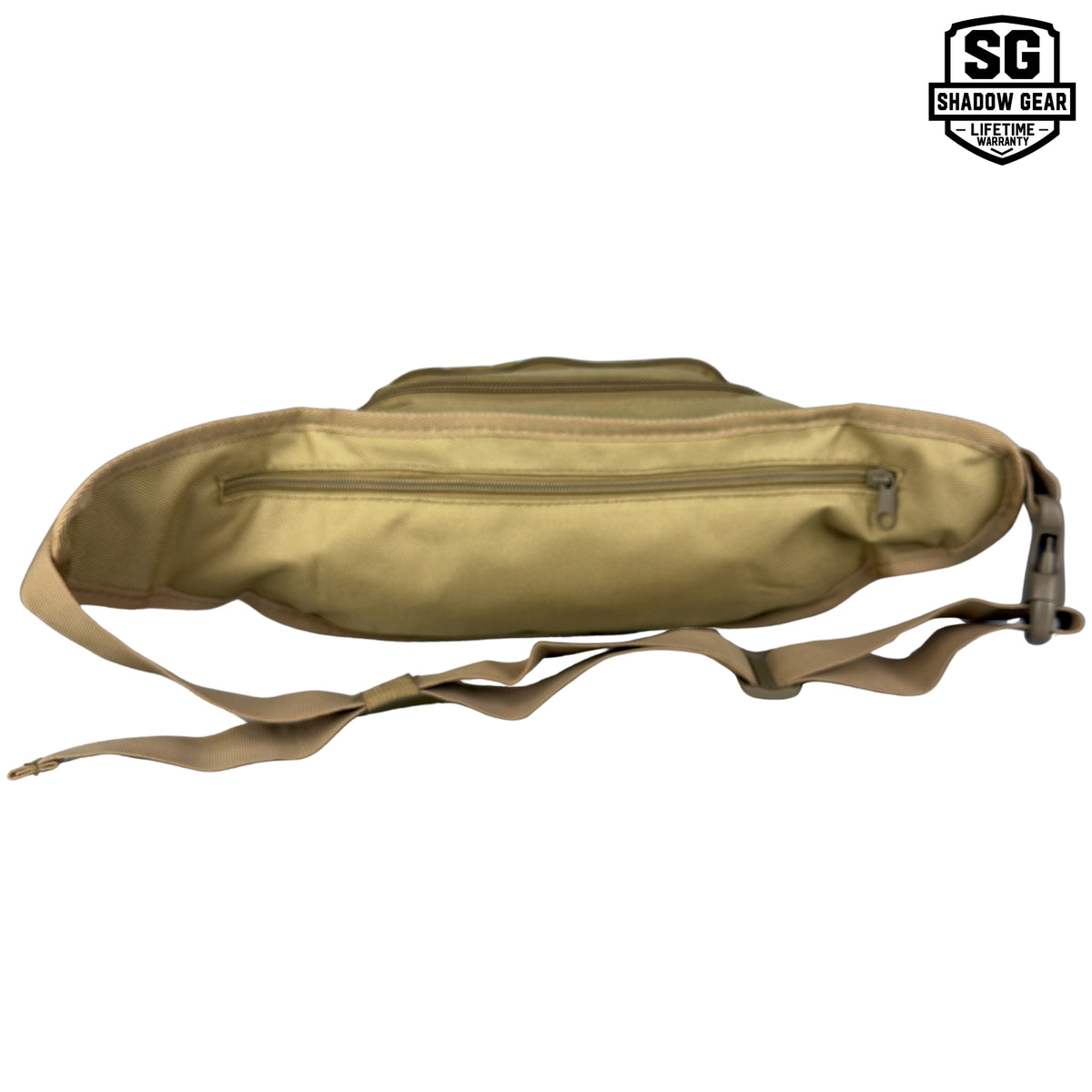 Shadow Gear Dash 4L tactical waist pack in Tan, back view showing the rear zippered pocket and adjustable strap